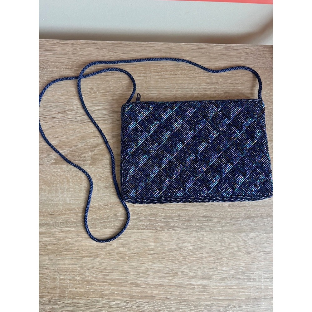 Vintage Valerie Stevens Navy Multicolored Beaded Evening Bag Crossbody Purse Y2K